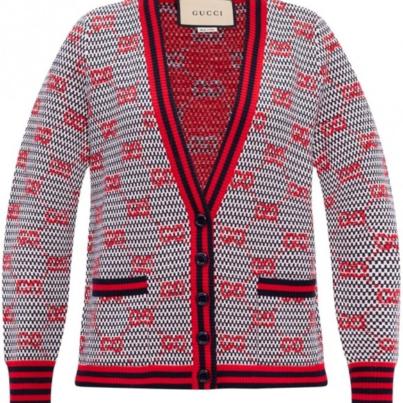 Gucci Sweaters - Gucci Ivory, Blue, and Red Wool Cardigan with GG Pattern NEW WITH TAGS